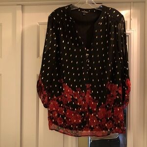 Roz & Ali Black Blouse with Red Floral and Gold Accents